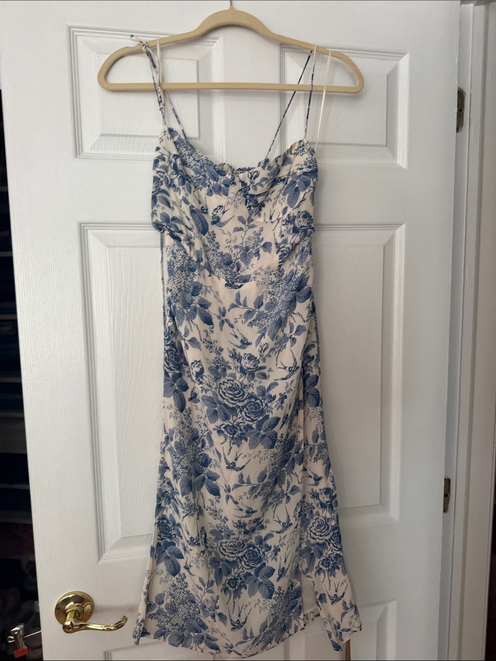 Reformation Cream Midi Dress with Blue Floral Print